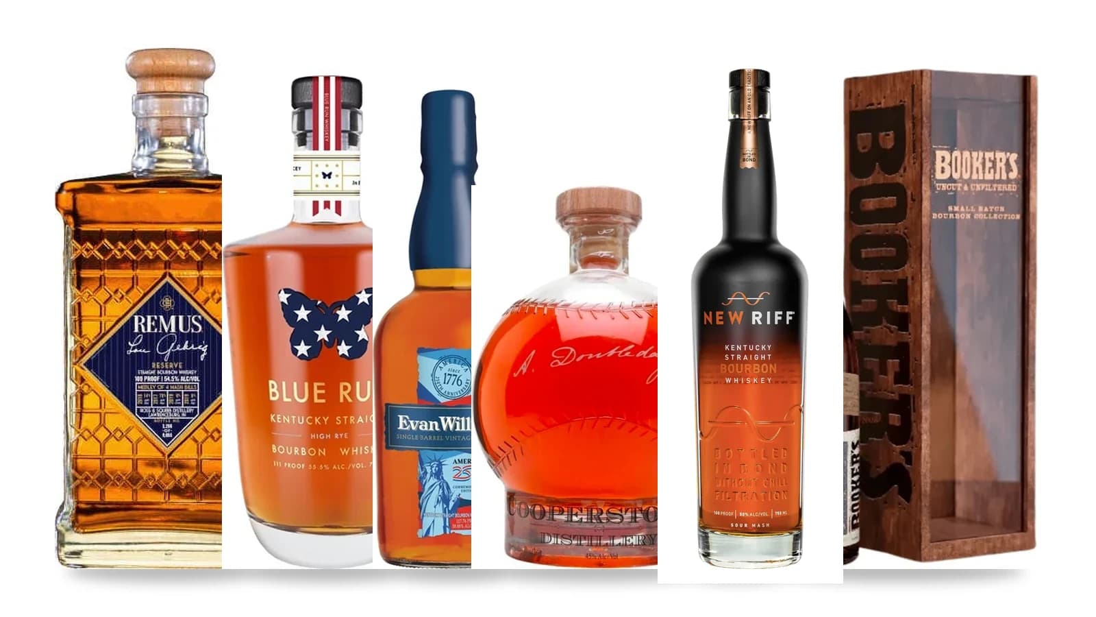 A lineup of 2026 all-star bourbon bottles, including the Cooperstown baseball decanter, Remus Lou Gehrig Reserve, Blue Run, Evan Williams America 250, New Riff, and Booker's