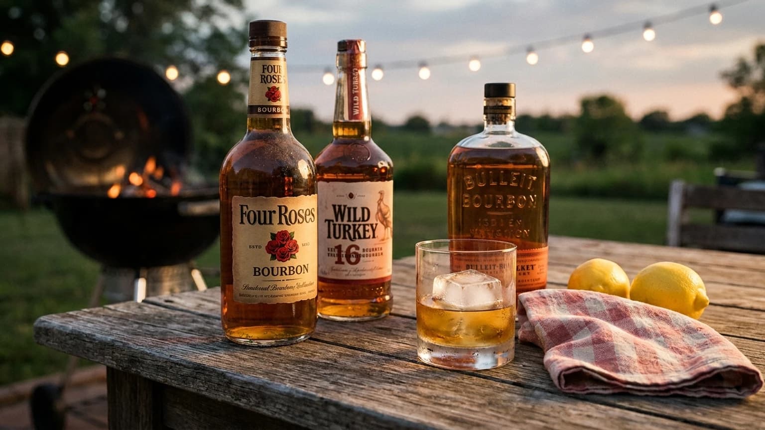 Bourbon bottles and glasses set up on a picnic table for a July 4 cookout