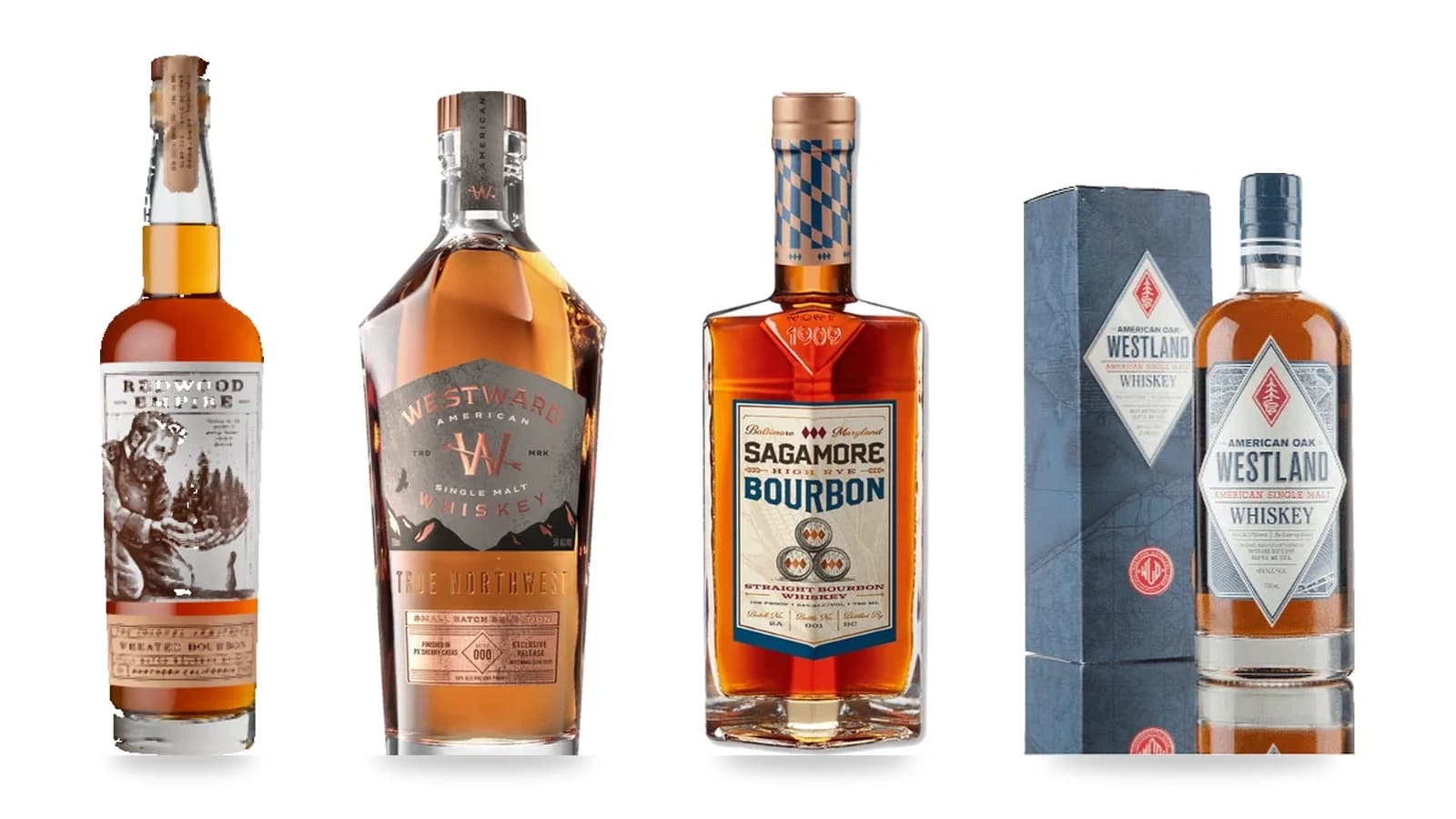 A lineup of coastal American whiskeys: Redwood Empire, Westward, Sagamore, and Westland