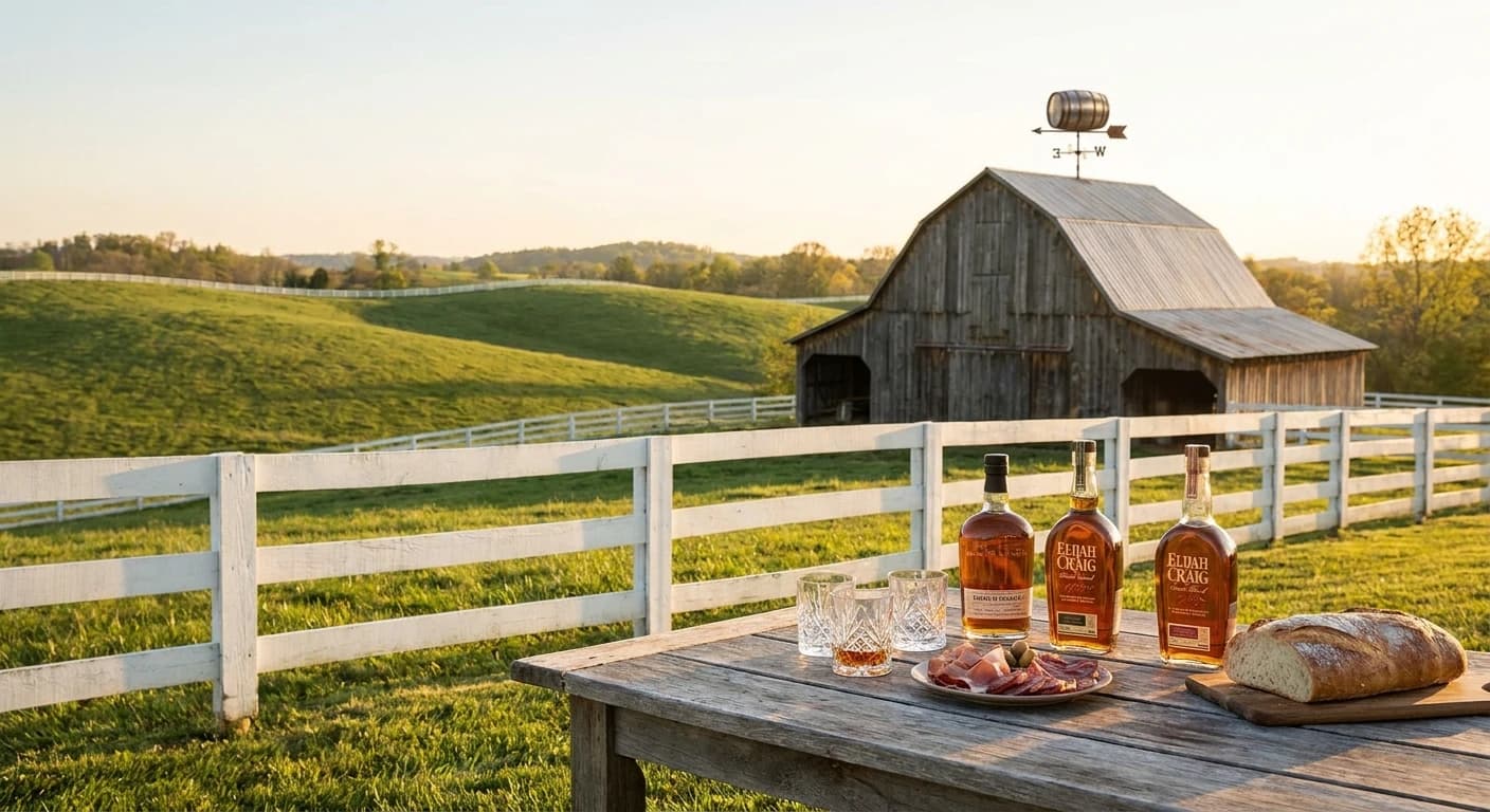 Wide shot of rolling Kentucky bluegrass horse country at golden hour, white fence in foreground, distant barn with bo...