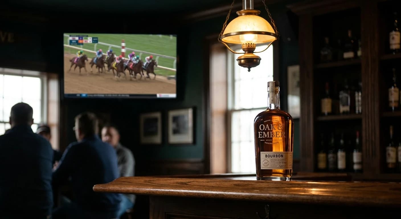 Single bourbon bottle glowing under warm pendant light on a bar back, race in progress visible on a TV in soft focus ...