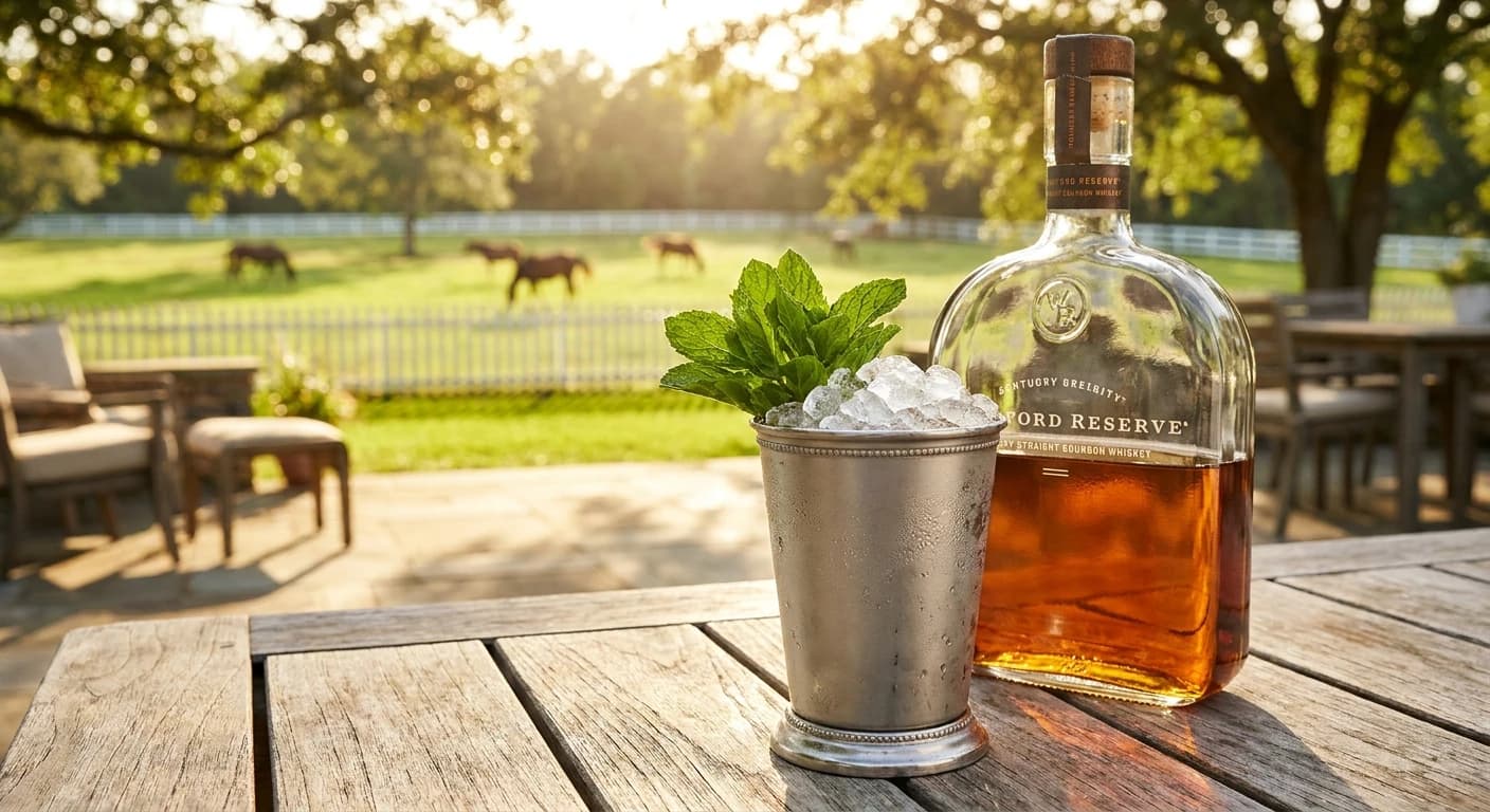 Three Kentucky bourbon bottles arranged on a horse-themed bar setup