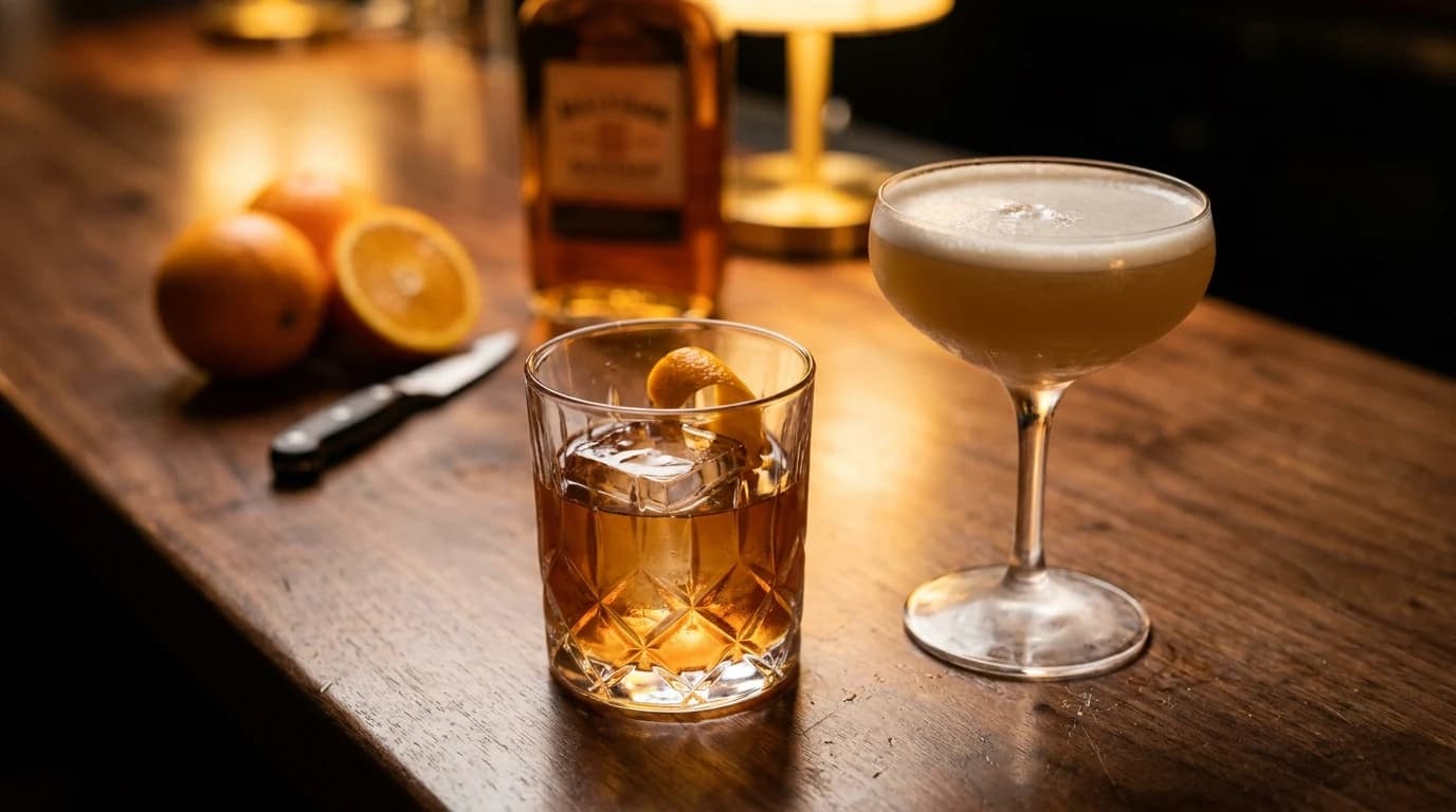A bourbon Old Fashioned and a whiskey sour on a bar with citrus and a bottle behind