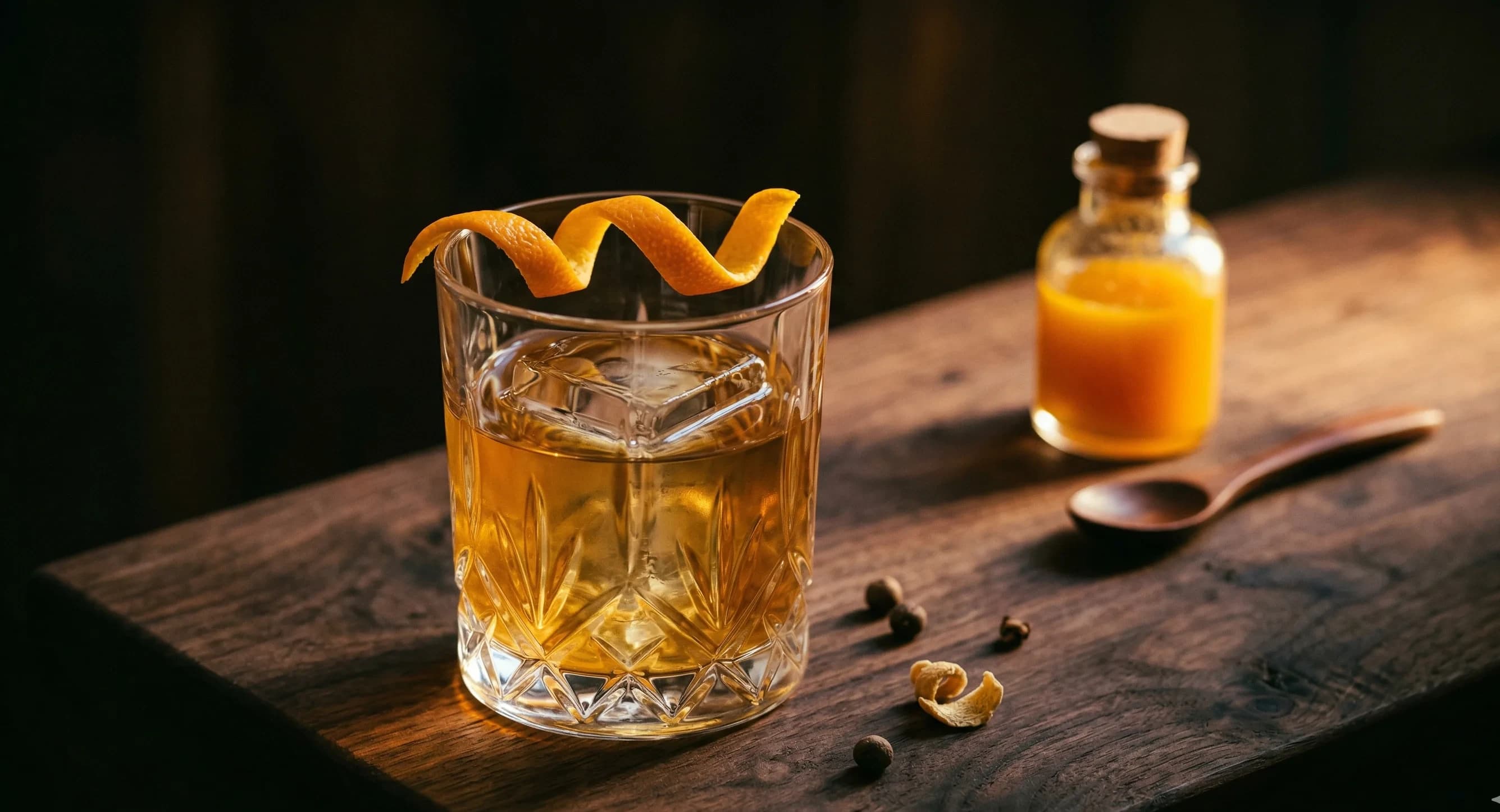 Carrot Cake Old Fashioned with orange twist on a large ice cube