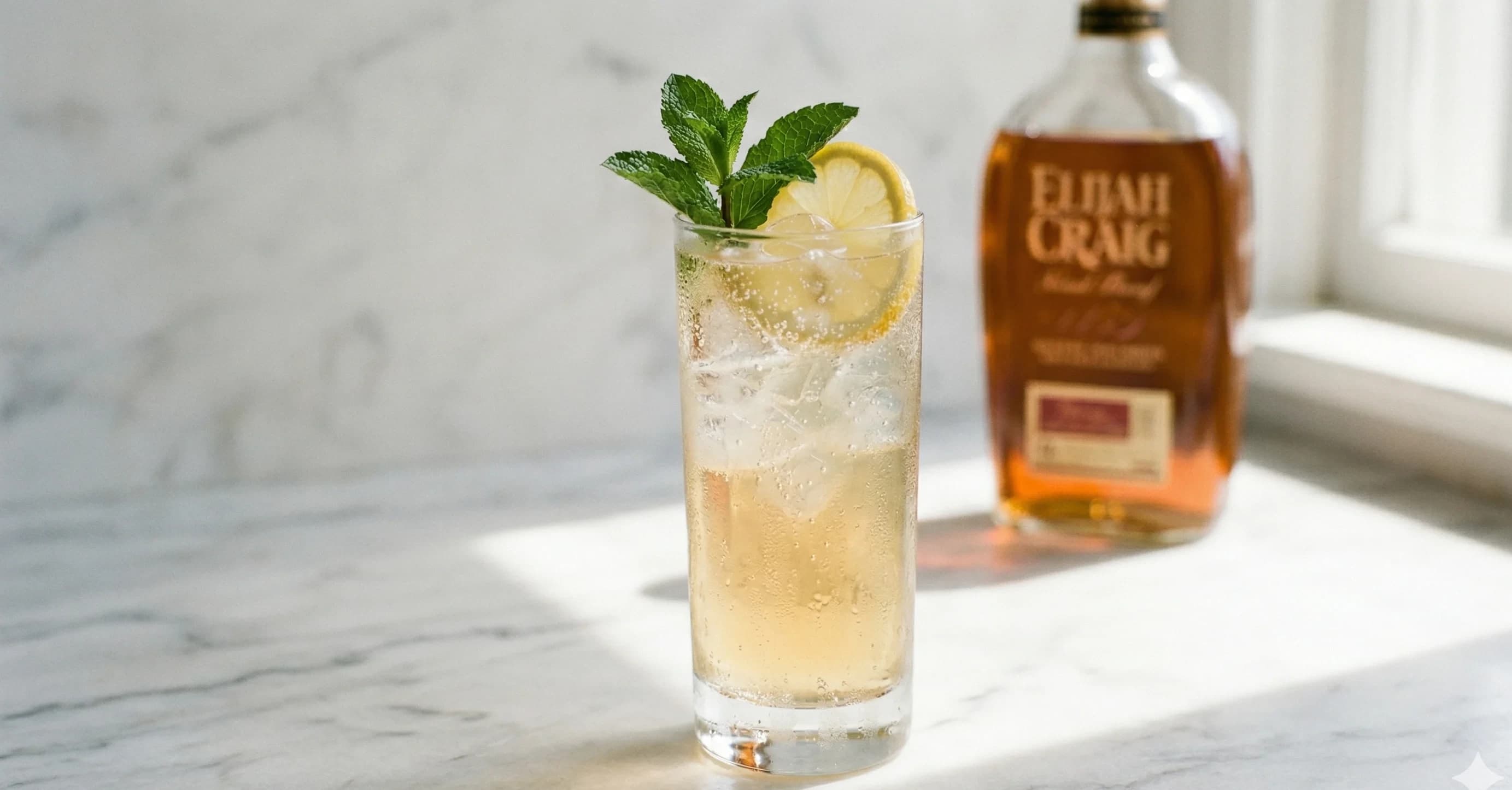 Elderflower Bourbon Fizz in a highball glass with mint and lemon