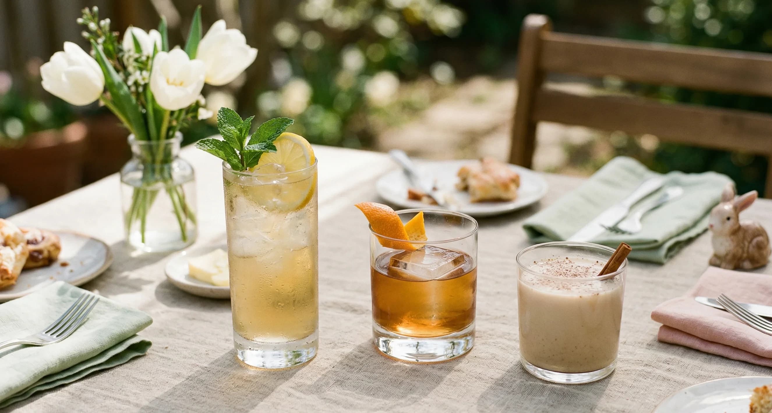 Bourbon cocktails arranged on a spring brunch table