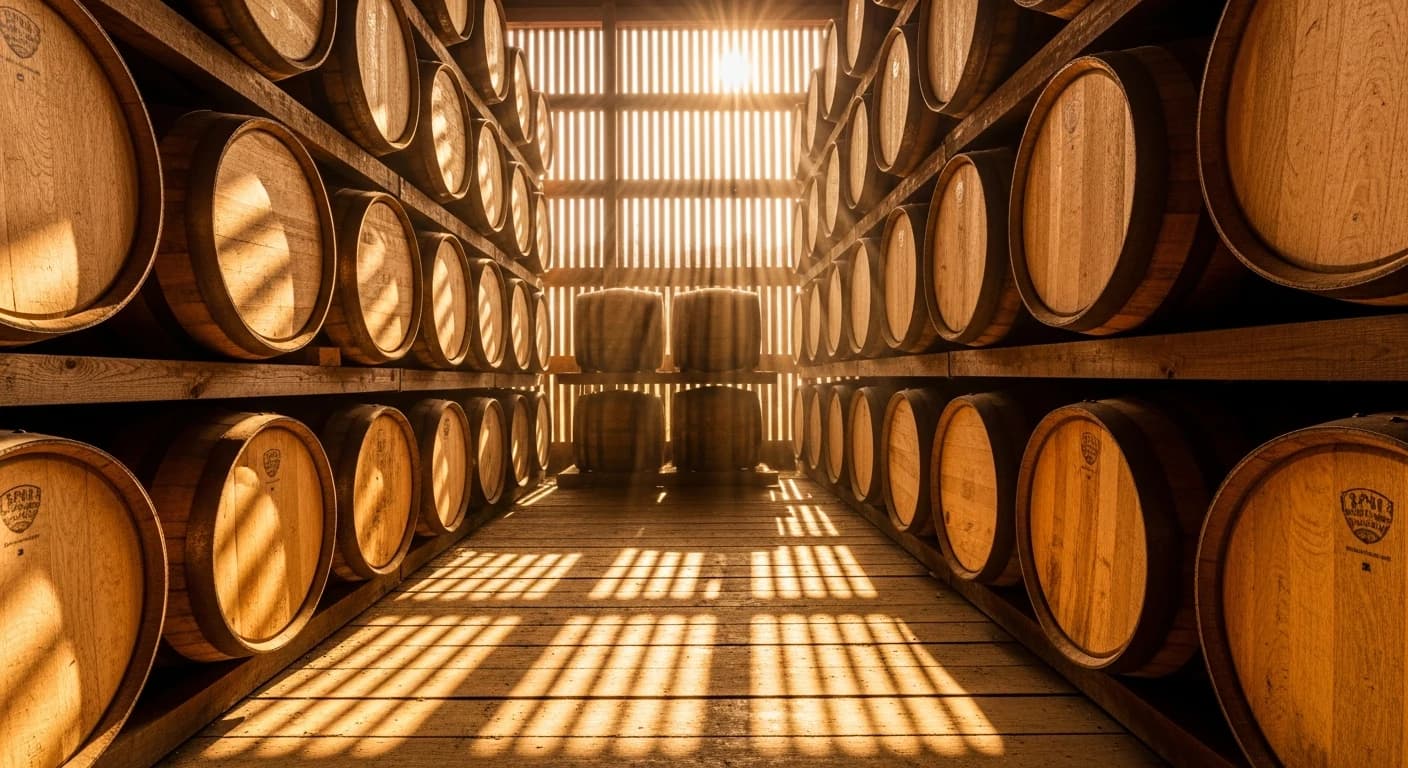 Bourbon barrels in a Kentucky rickhouse with golden light
