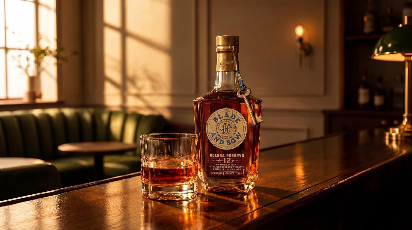 Blade and Bow Solera Reserve 12-year bourbon with its brass key charm beside a filled rocks glass on a polished bar top in warm evening light