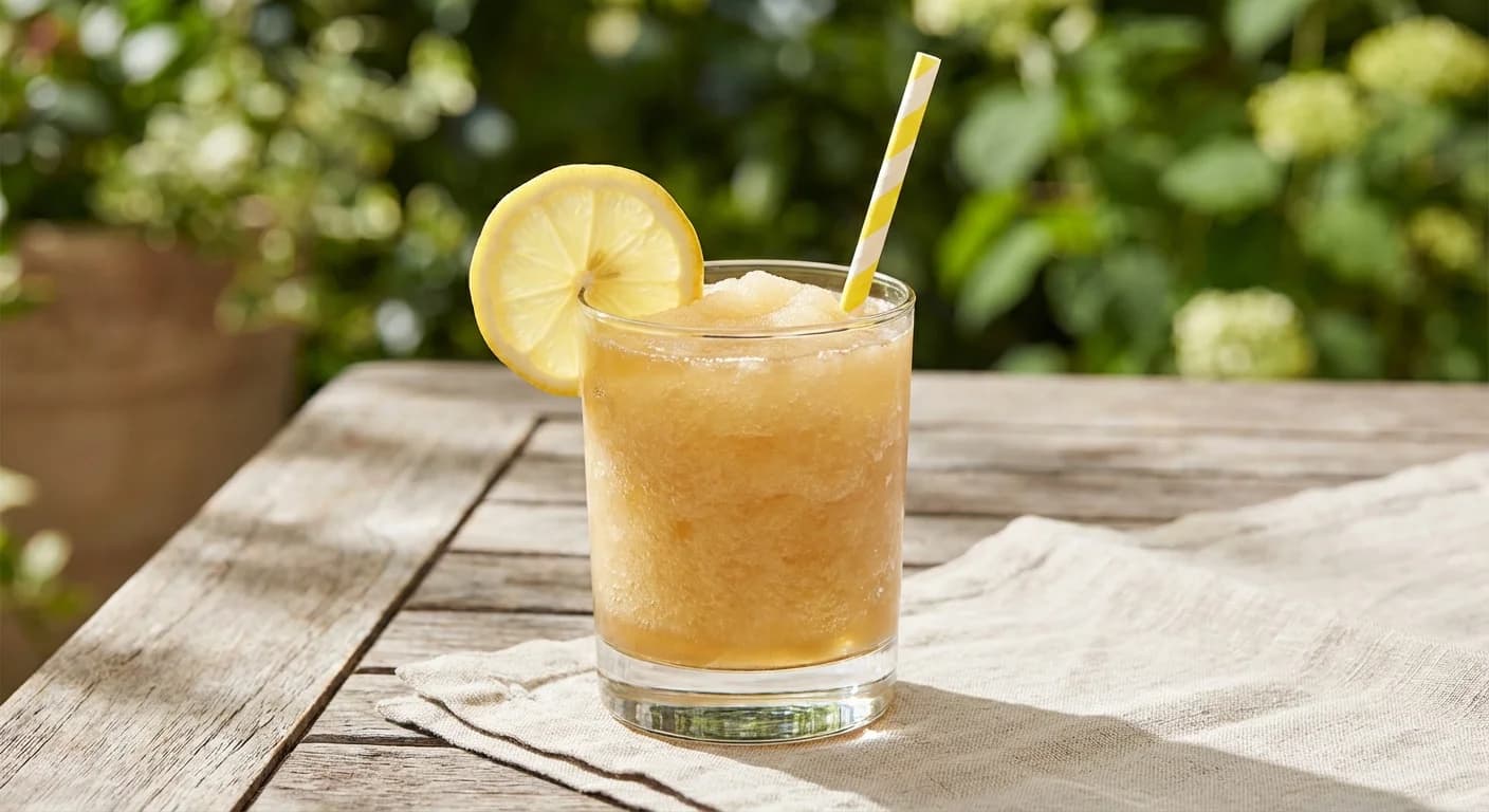 Frozen bourbon lemonade in a tall glass with a lemon wheel