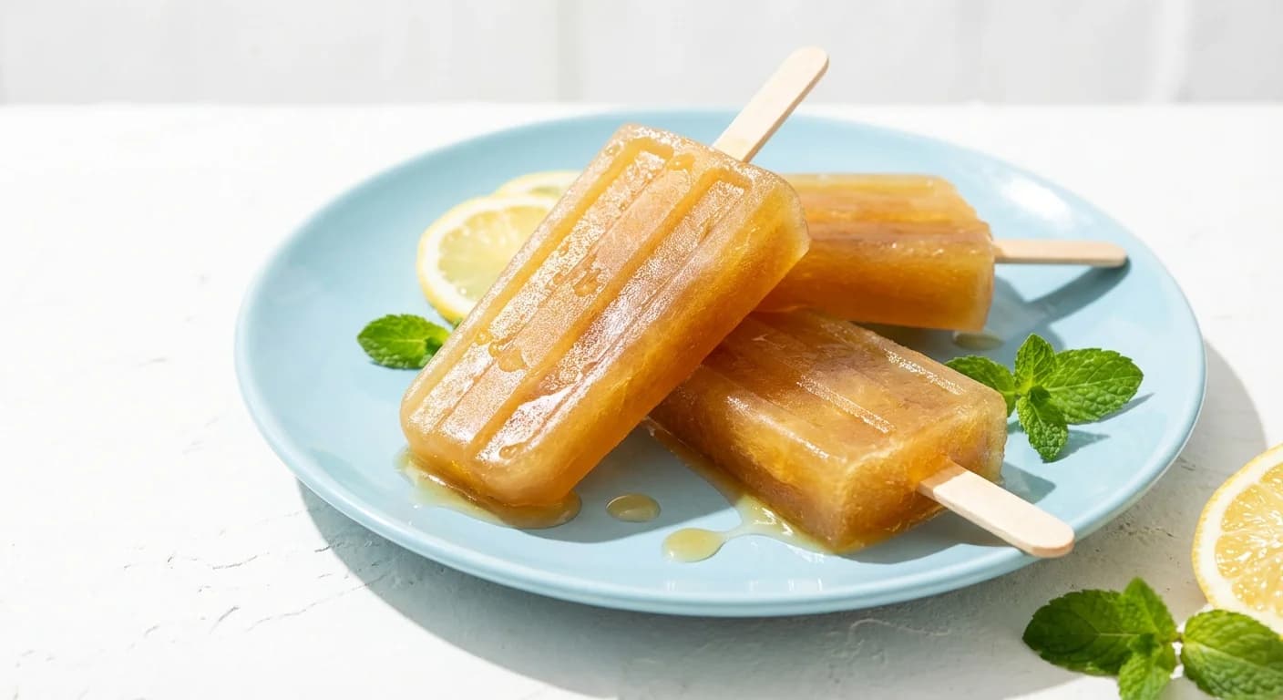 Bourbon Arnold Palmer popsicles on a tray of ice