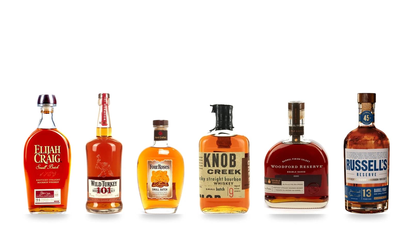 A lineup of Kentucky bourbons for a bourbon versus Scotch side-by-side
