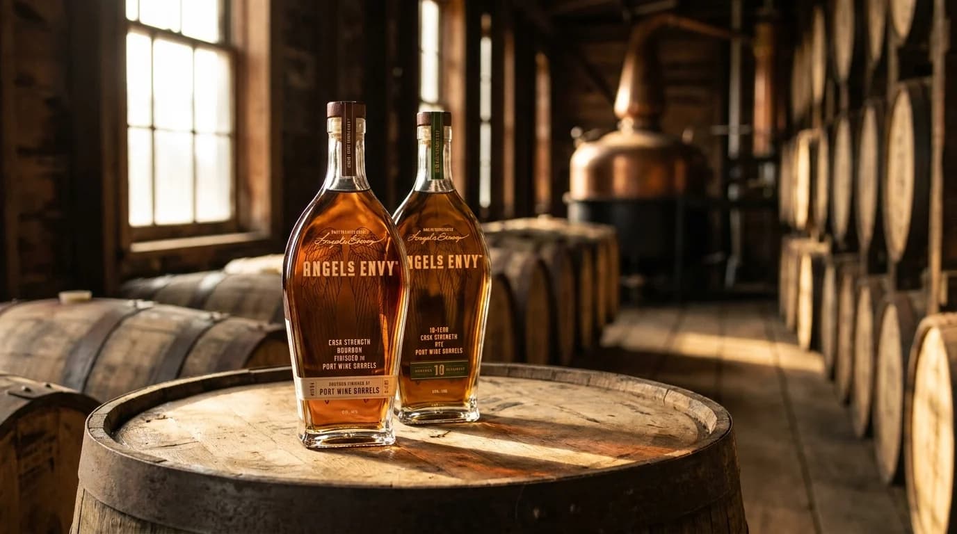 Angel's Envy 10-Year Cask Strength Rye bottle alongside Angel's Envy Cask Strength Bourbon against wooden barrels