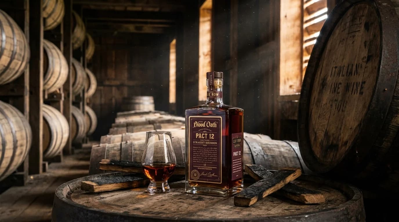 Lux Row Blood Oath Pact 12 bottle and Glencairn glass on a barrel head with charred staves and an Italian wine cask in a Kentucky rickhouse