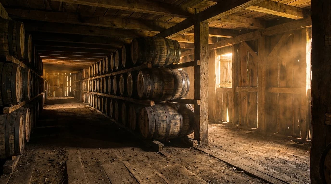 Bourbon barrels stacked in a Kentucky rickhouse with warm afternoon light