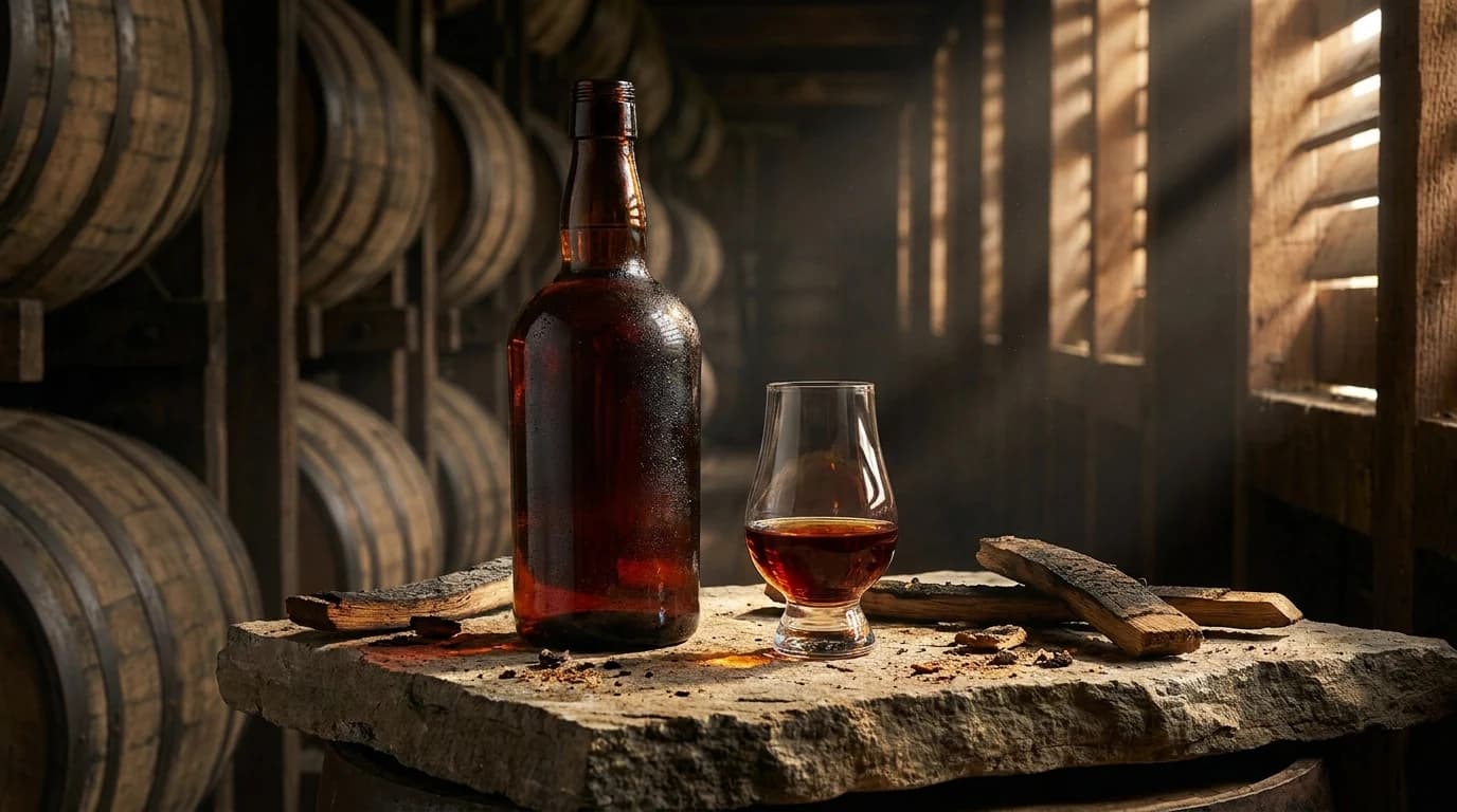 An aged Kentucky bourbon bottle and a Glencairn glass on a weathered limestone slab inside a dimly lit Kentucky rickhouse, with stacked oak barrels fading into shadow