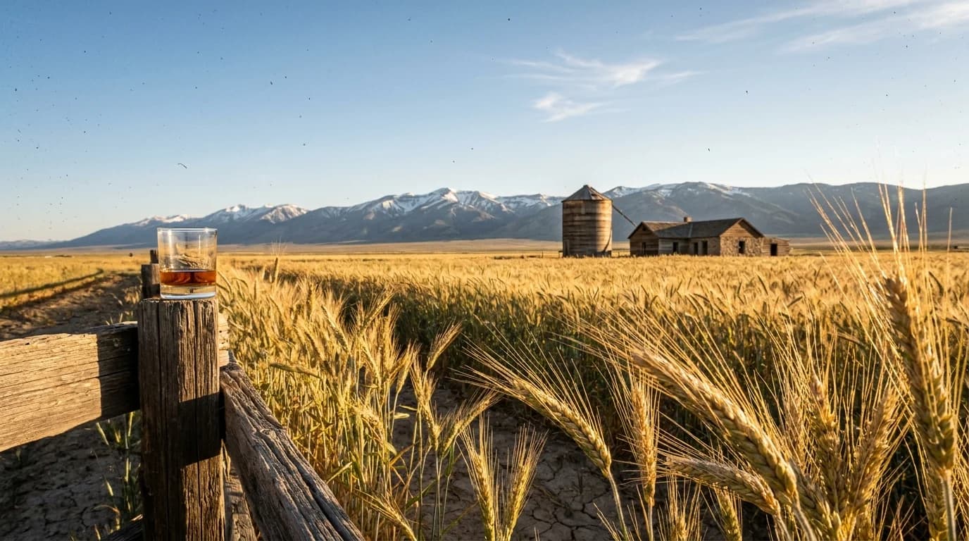 A fall-planted winter grain field at golden hour, with a Nevada mountain range in the distance and a single weathered wooden barn