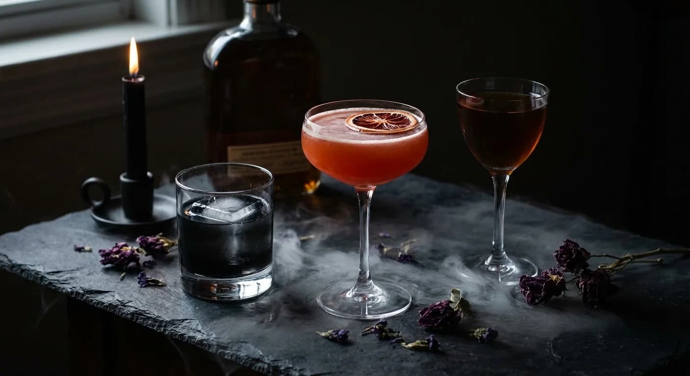 Dark bourbon cocktails on a moody bar setup with autumn elements