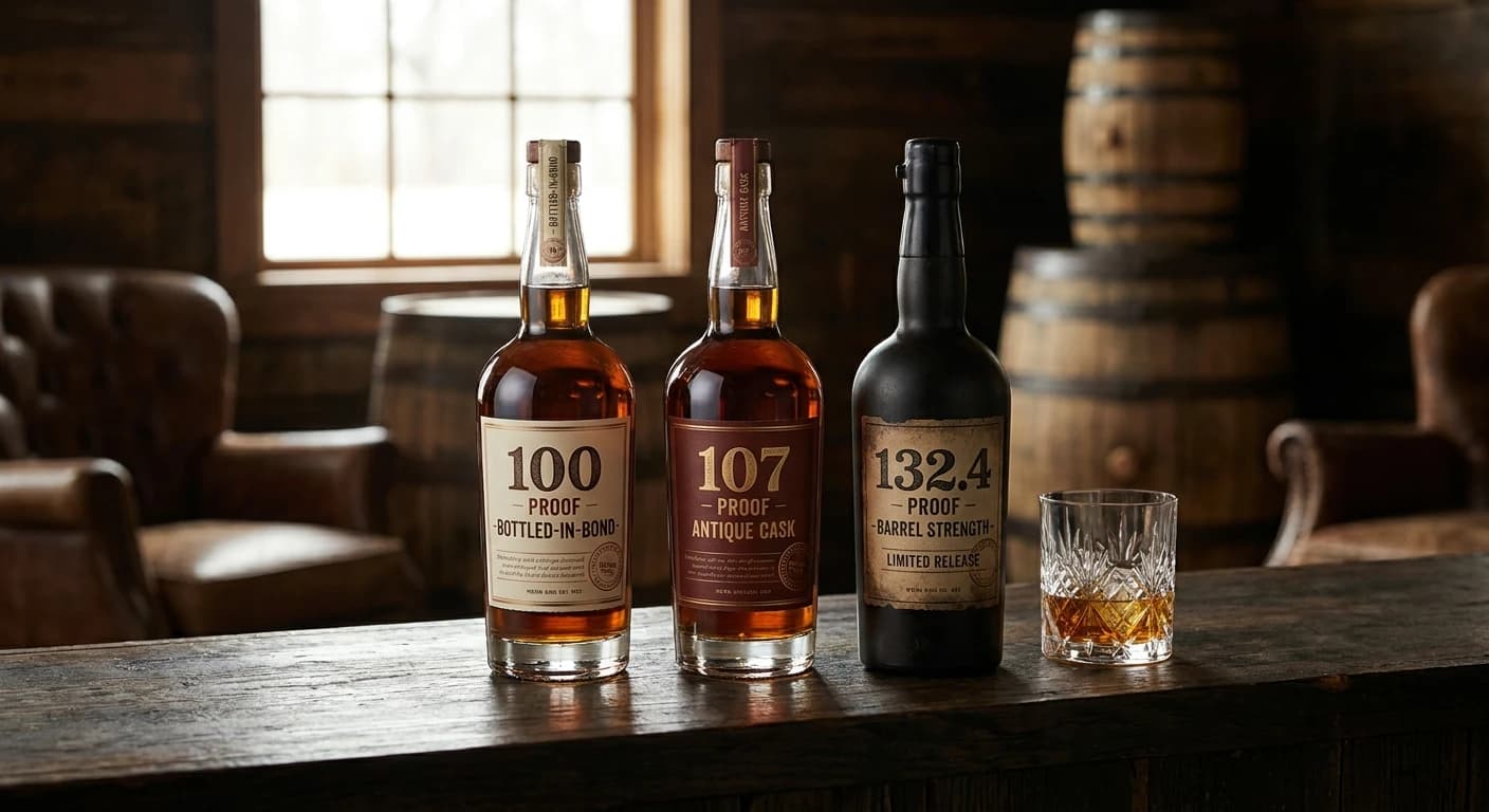 Three bourbon bottles in a row showing proof labels, one at 100 proof bottled-in-bond, one at 107 proof, one at 130+...