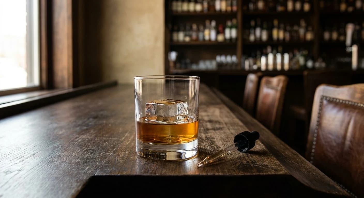 Single rocks glass with bourbon and a small water dropper beside it on a dark wood bar, single ice rock, low warm light
