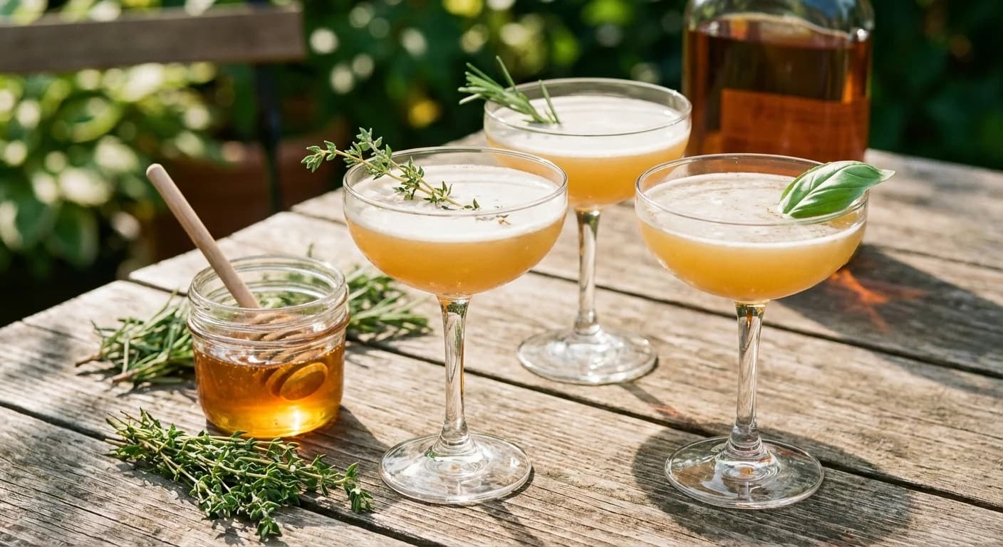 A bourbon sour garnished with fresh thyme on a garden table