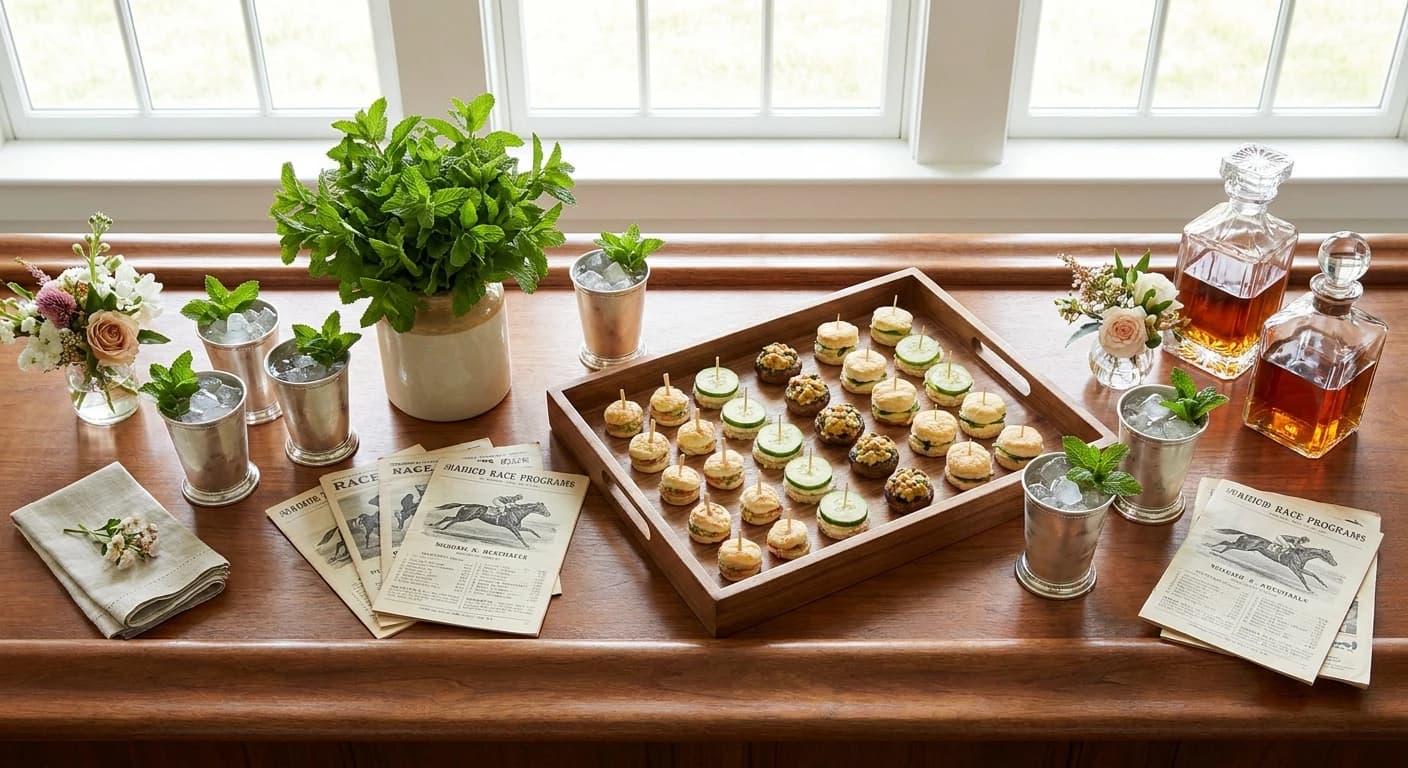 Wide overhead shot of a Derby party in mid-afternoon, silver julep cups, a tray of small food bites, a fresh mint bo...