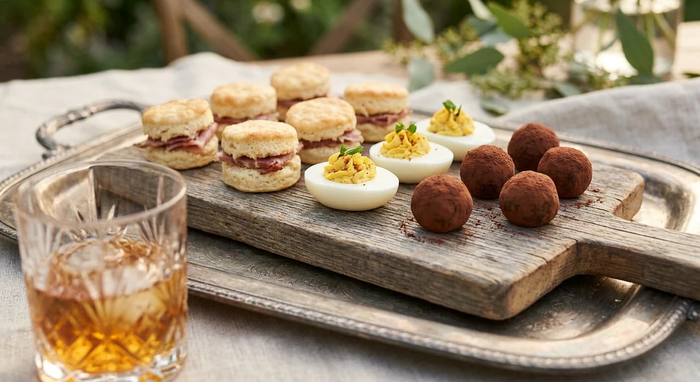 Tray of small Derby-themed food bites, country ham biscuits, deviled eggs, bourbon balls, arranged on rustic wooden...