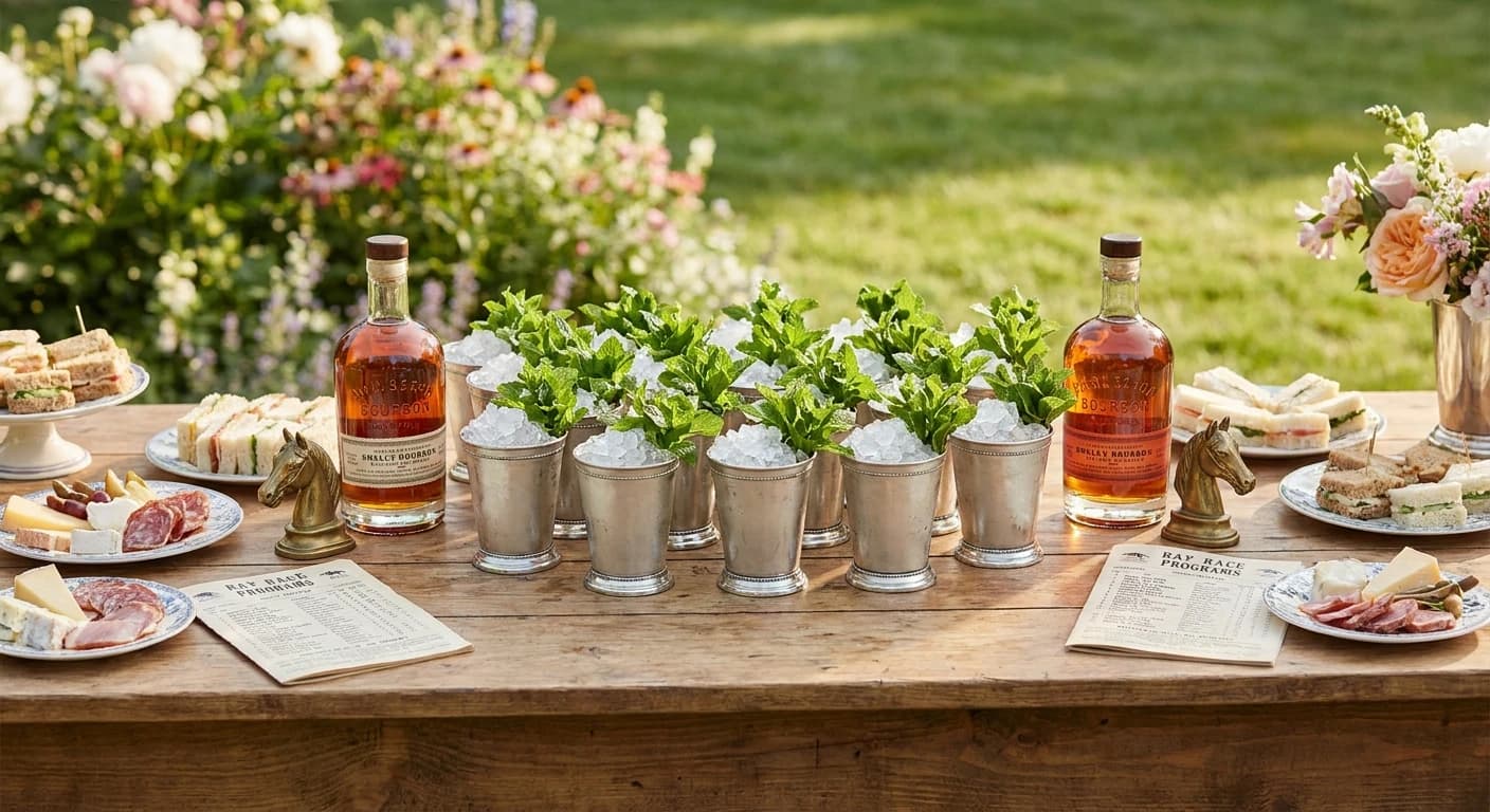 Derby party setup with juleps, food, and televised race in background