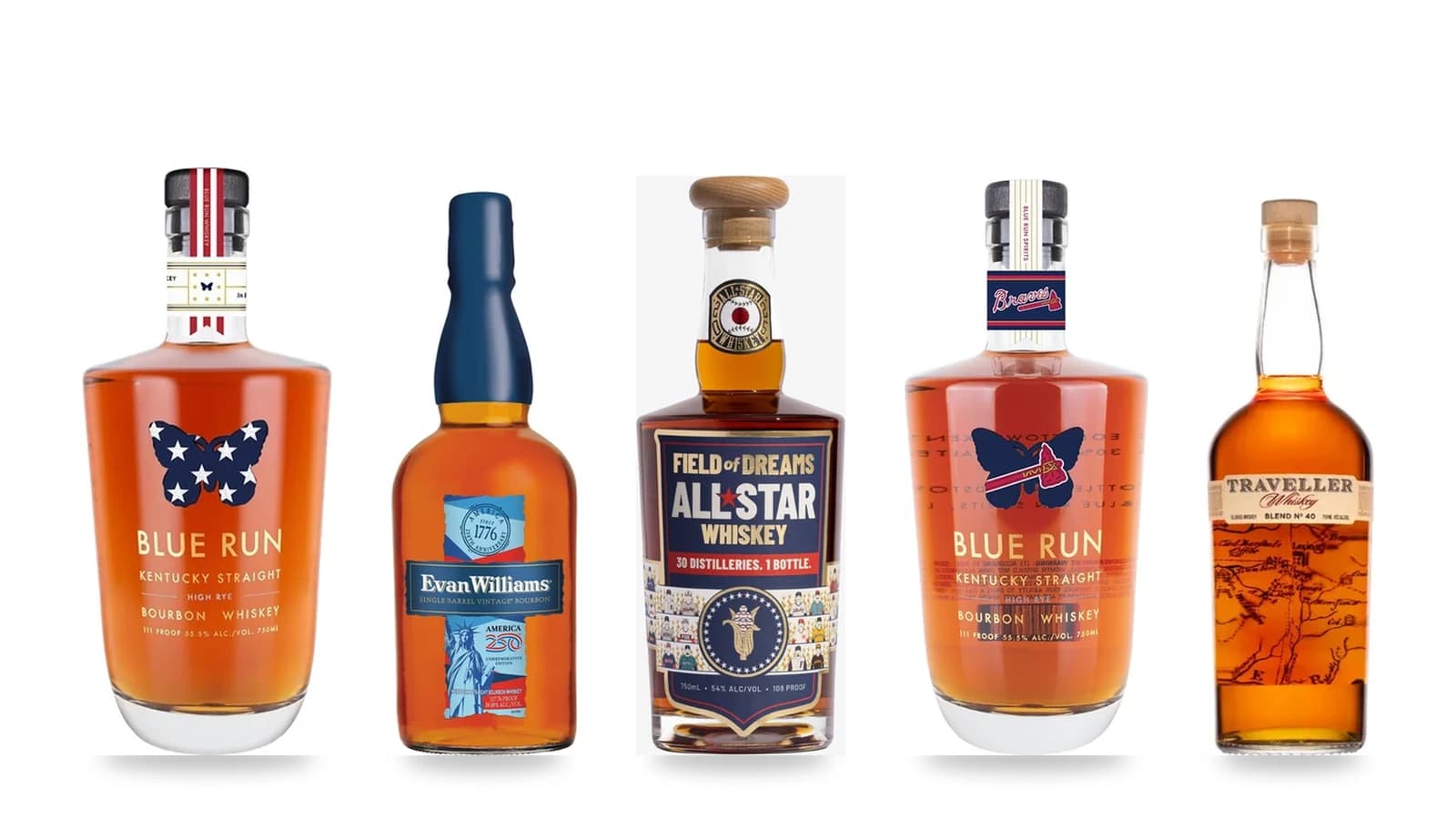 A lineup of 2026 bourbon releases including Blue Run, Evan Williams America 250, Field of Dreams, and Traveller