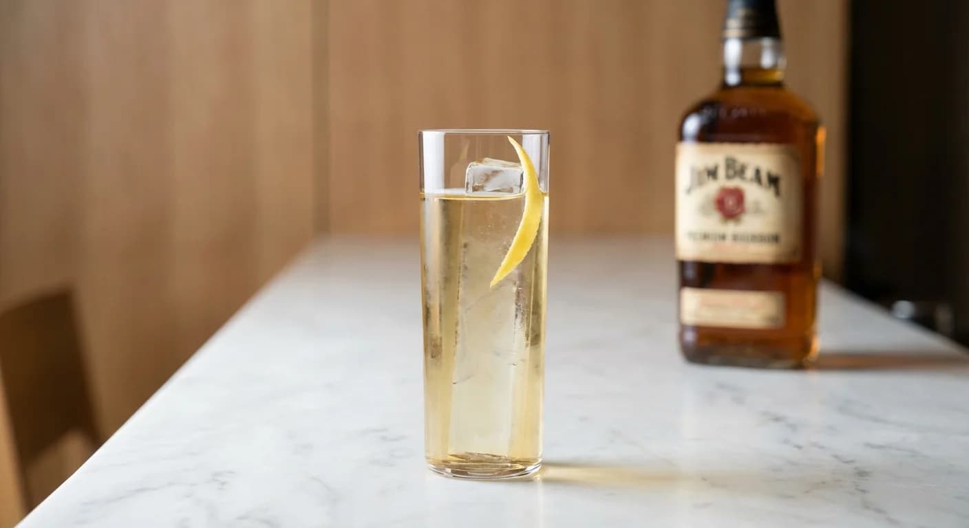 A bourbon highball and a bitters spritz on a clean marble counter