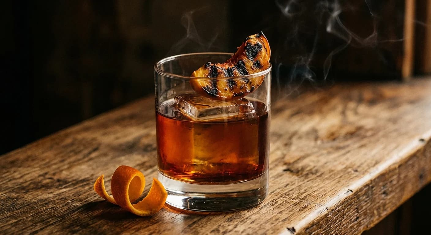 Grilled peach old fashioned with orange peel on a large ice cube