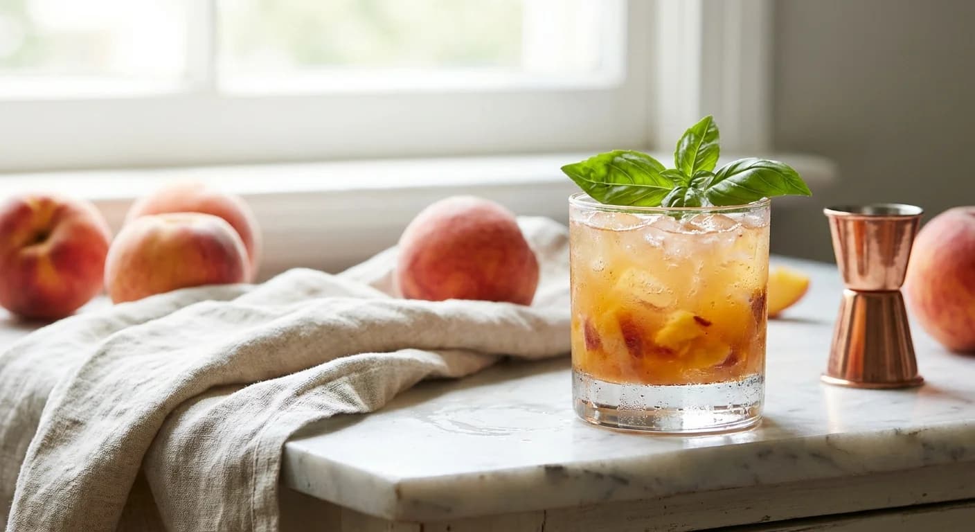 Peach bourbon smash with mint garnish in a rocks glass