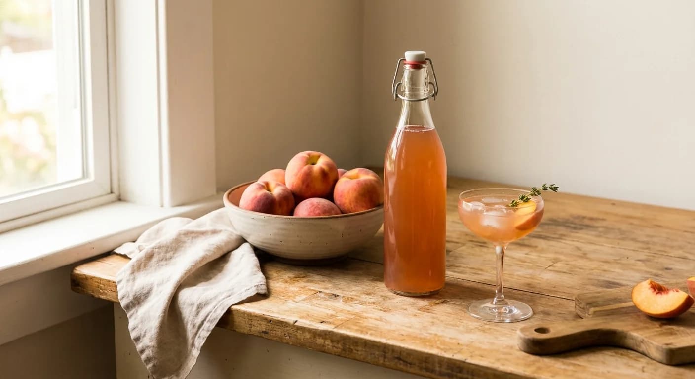 A bottle of stone fruit shrub syrup with fresh peaches