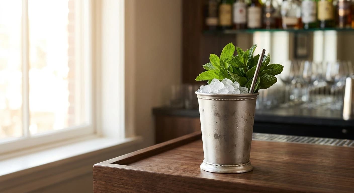 Silver pewter julep cup with frosted exterior, crushed ice dome, fresh spearmint bouquet, short straw, on dark walnut...