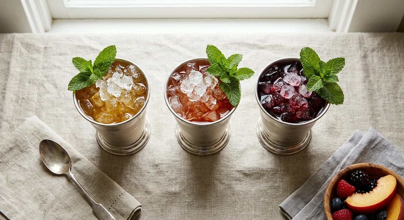 Three julep cups side by side showing color gradient from classic amber to deeper red-amber stone fruit version to da...