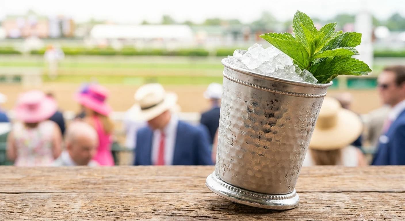 Silver julep cup with crushed ice and fresh mint