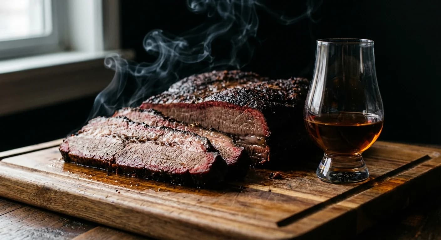 Sliced brisket on a cutting board with a glass of bourbon