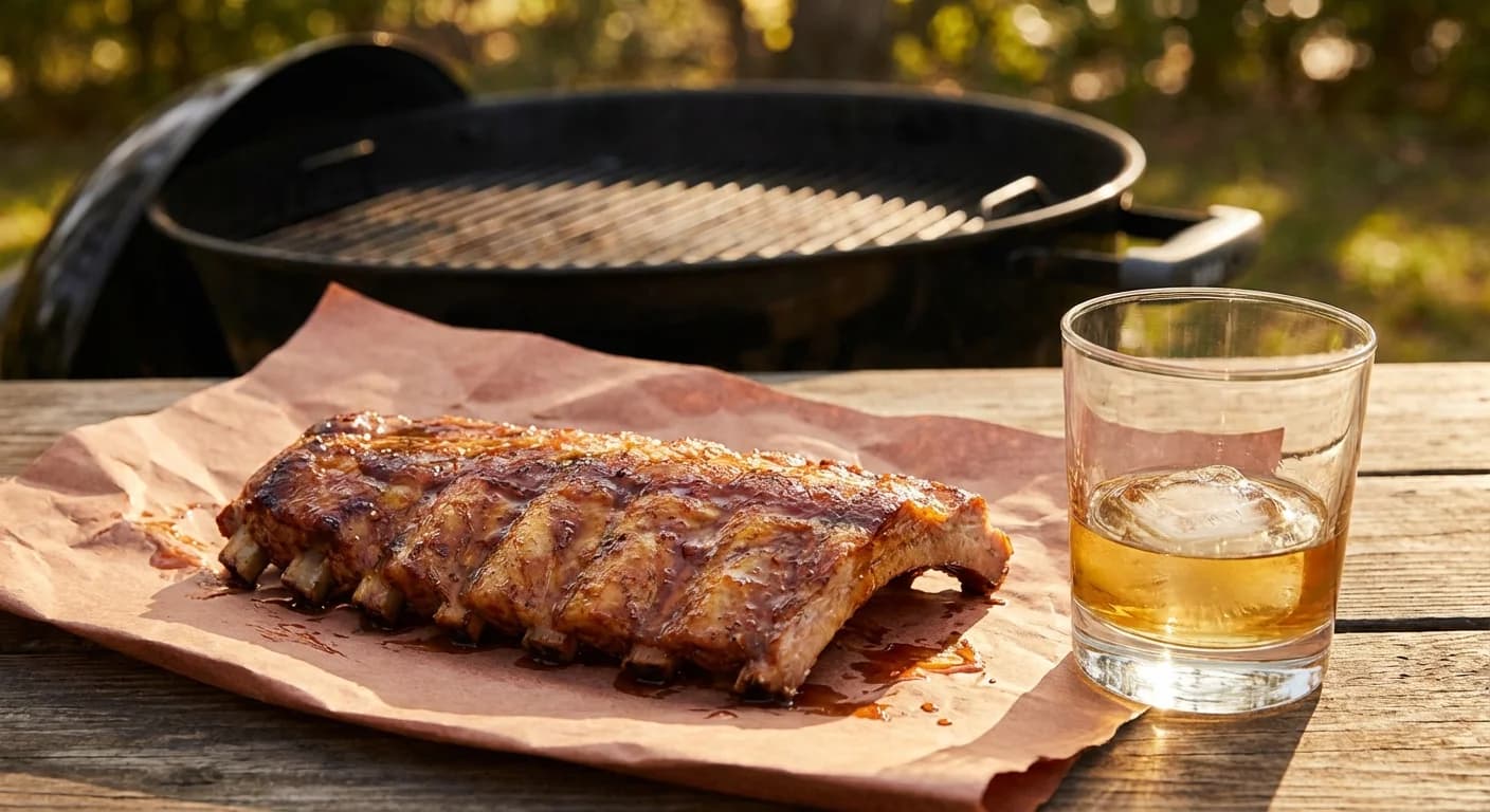 Glazed ribs alongside a pour of wheated bourbon