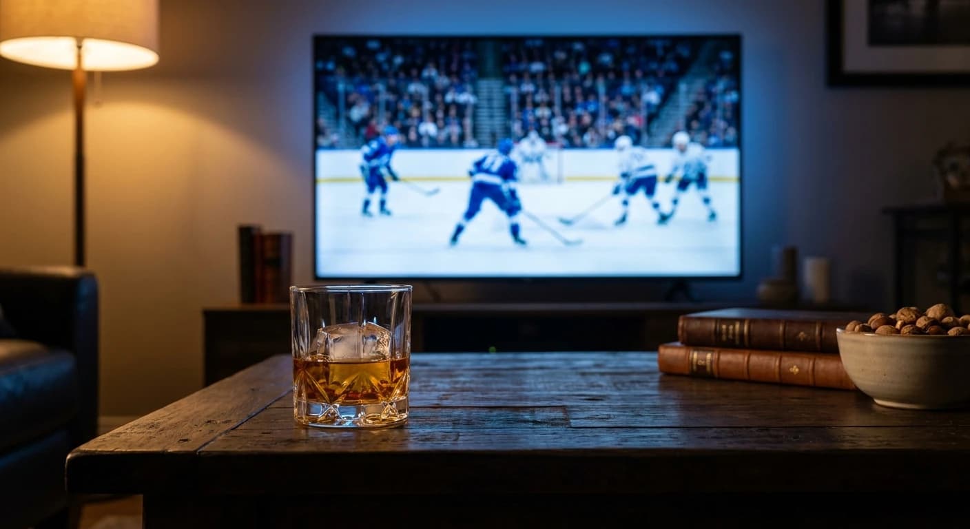 Bourbon glass on a coffee table with hockey game on TV in the background, crowd visible in soft focus, warm interior ...