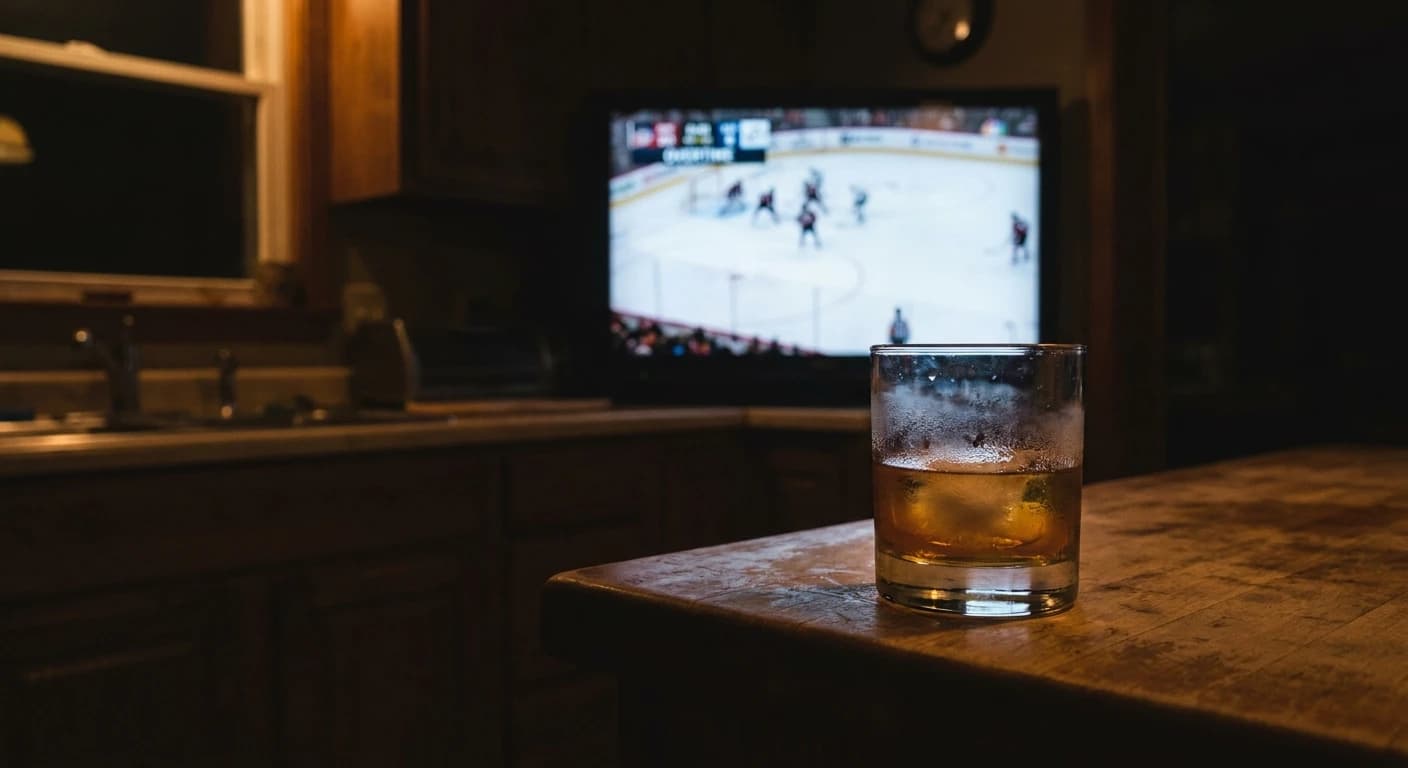 Single rocks glass on a kitchen counter, late at night, only the TV providing light, hockey overtime visible on scree...
