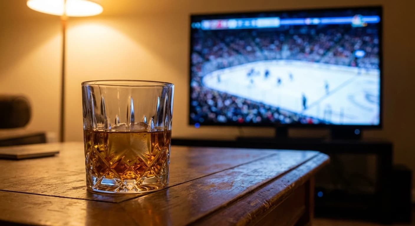 Bourbon glass beside hockey memorabilia on a wooden table