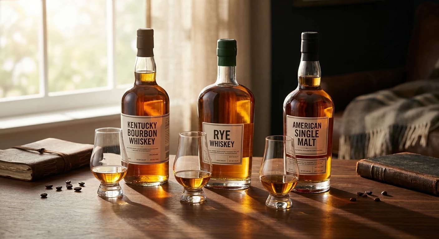 Three American whiskey bottles arranged in a row, bourbon, rye, American single malt, with matching Glencairn glass...