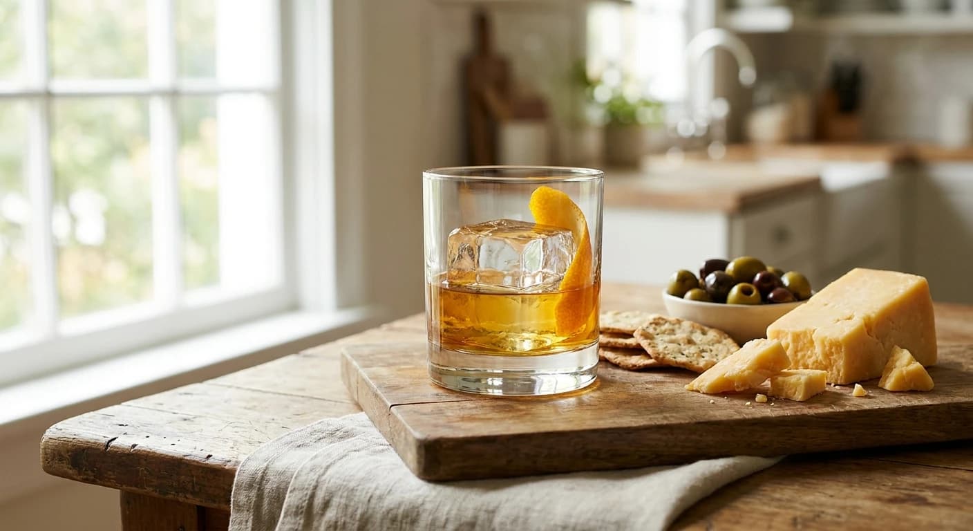 Rocks glass with rye whiskey and a single large ice cube, orange peel garnish, beside a cheese board with aged chedda...