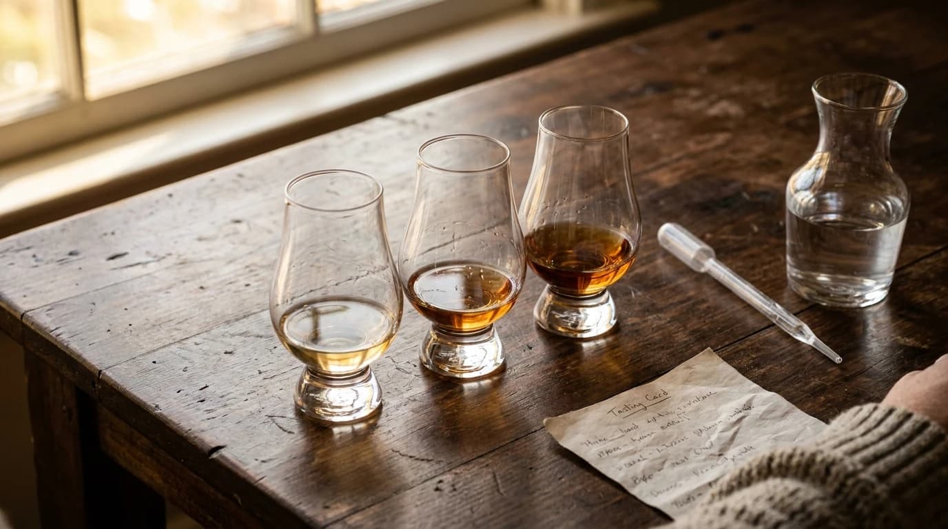 A fall bourbon tasting setup featuring three unbranded tasting glasses at different fill levels, a water pipette, and a handwritten tasting card on dark walnut.