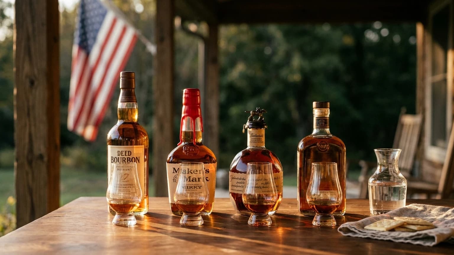 Four bourbon bottles including Maker's Mark arranged for a July 4 tasting flight
