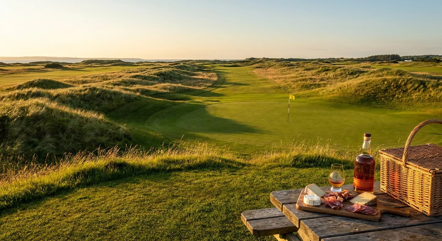 Wide shot of a dramatic U.S. Open-style golf hole with deep rough, narrow fairway, flag on a firm green, late afterno...