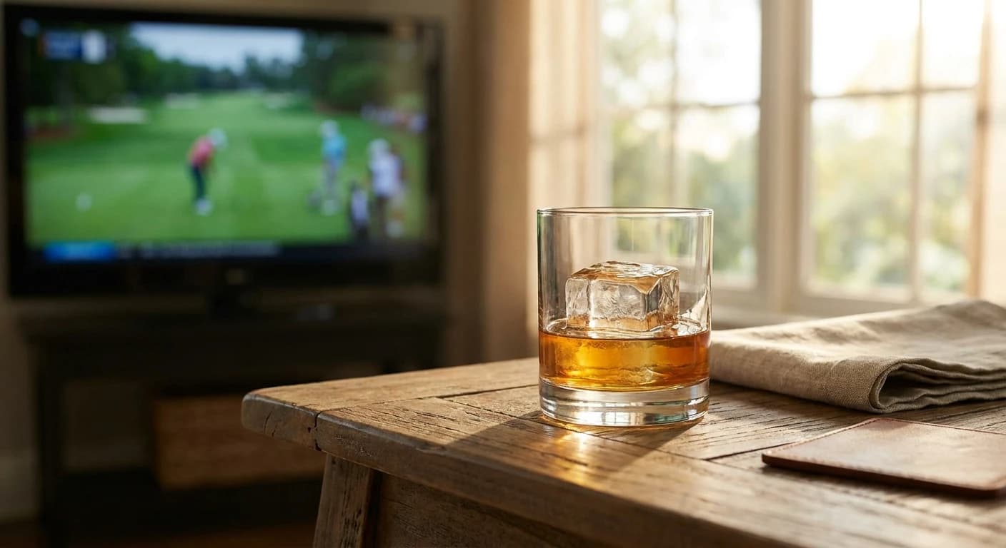 Close-up of a rocks glass with single large clear cube and amber bourbon on a wooden side table, golf broadcast visib...