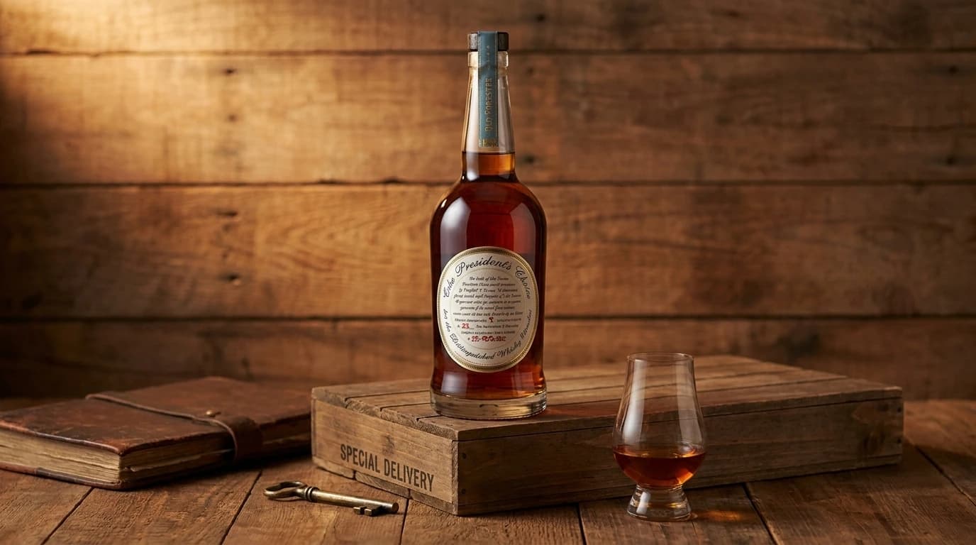 Old Forester President's Choice single-barrel bourbon bottle sitting on a wooden 'SPECIAL DELIVERY' crate, with a Glencairn glass of bourbon, a leather-bound ledger, and a brass key against rustic wooden boards in warm editorial side lighting