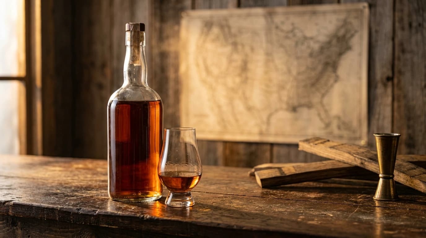 An unlabeled amber bourbon bottle and a Glencairn glass on a dark walnut bar top, with a faded antique map of the United States pinned to weathered wooden boards in the soft-focus background, lit by warm late-afternoon side light