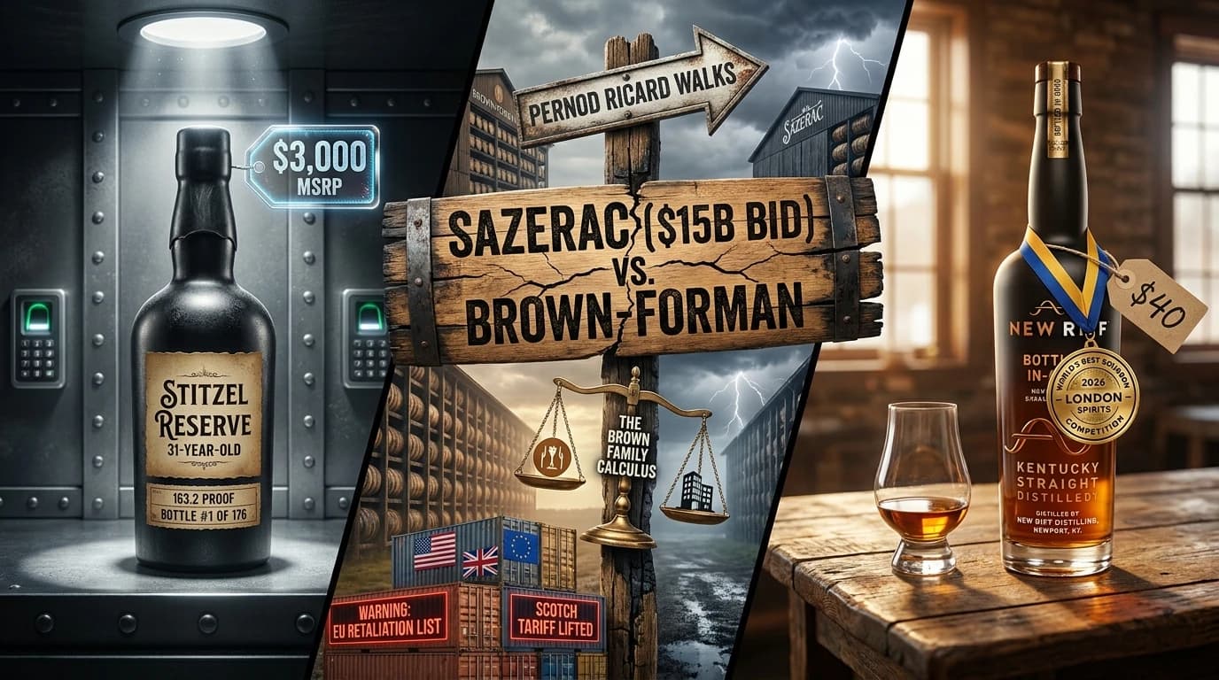 Split-composition conceptual photograph: a Stitzel Reserve 31-Year-Old in a lit vault on the left with a $3,000 MSRP tag, a fractured oak signpost reading Sazerac $15B Bid vs. Brown-Forman in the center, and a New Riff Bottled-in-Bond on a tasting table on the right with a World's Best Bourbon medal and $40 price tag