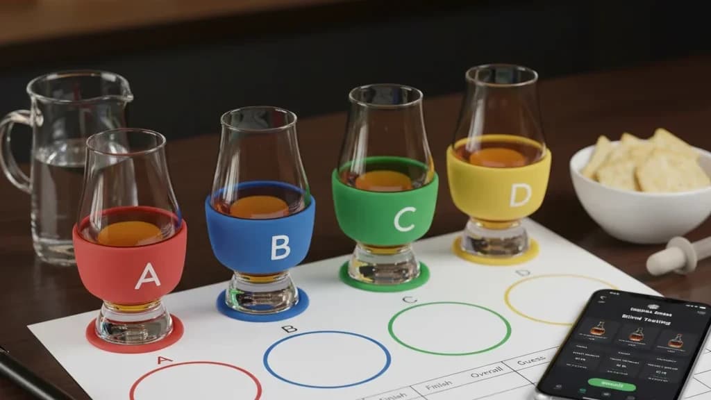 Blind tasting setup with numbered glasses and scorecards.